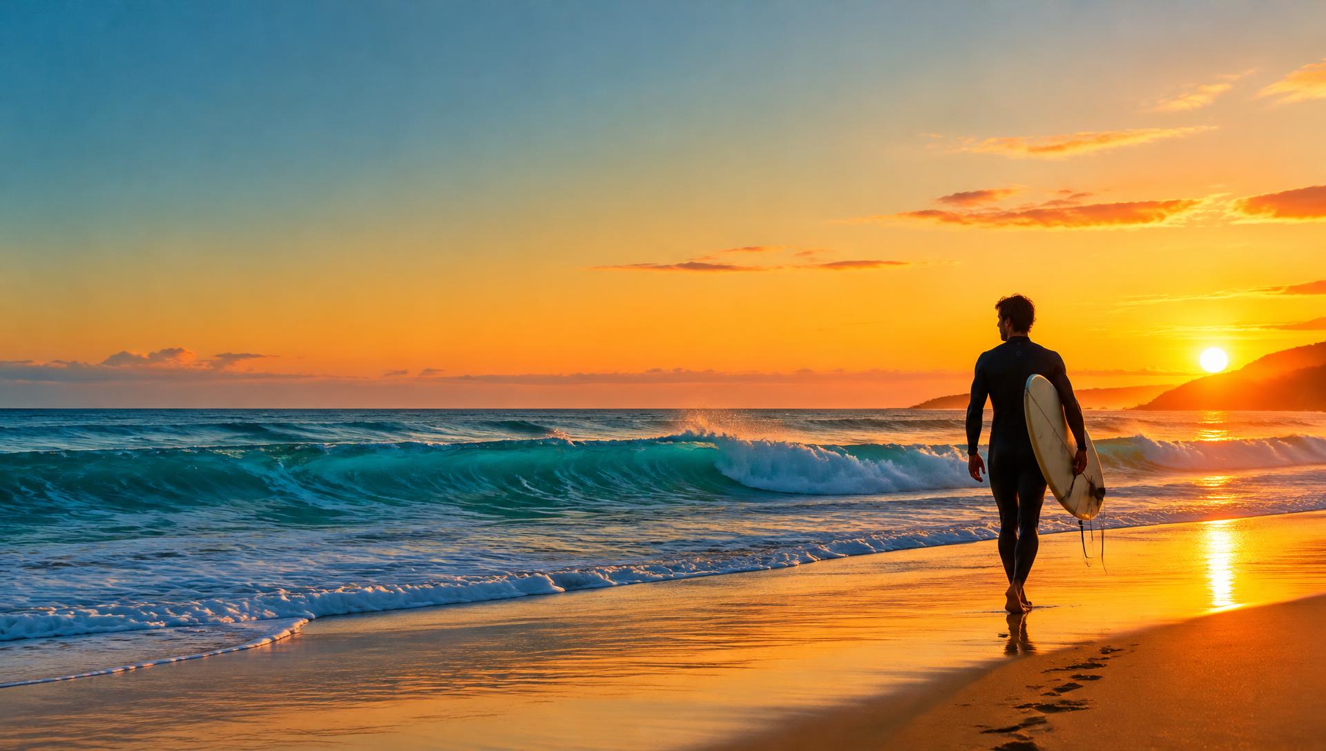 Surfista caminhando na praia ao pôr do sol